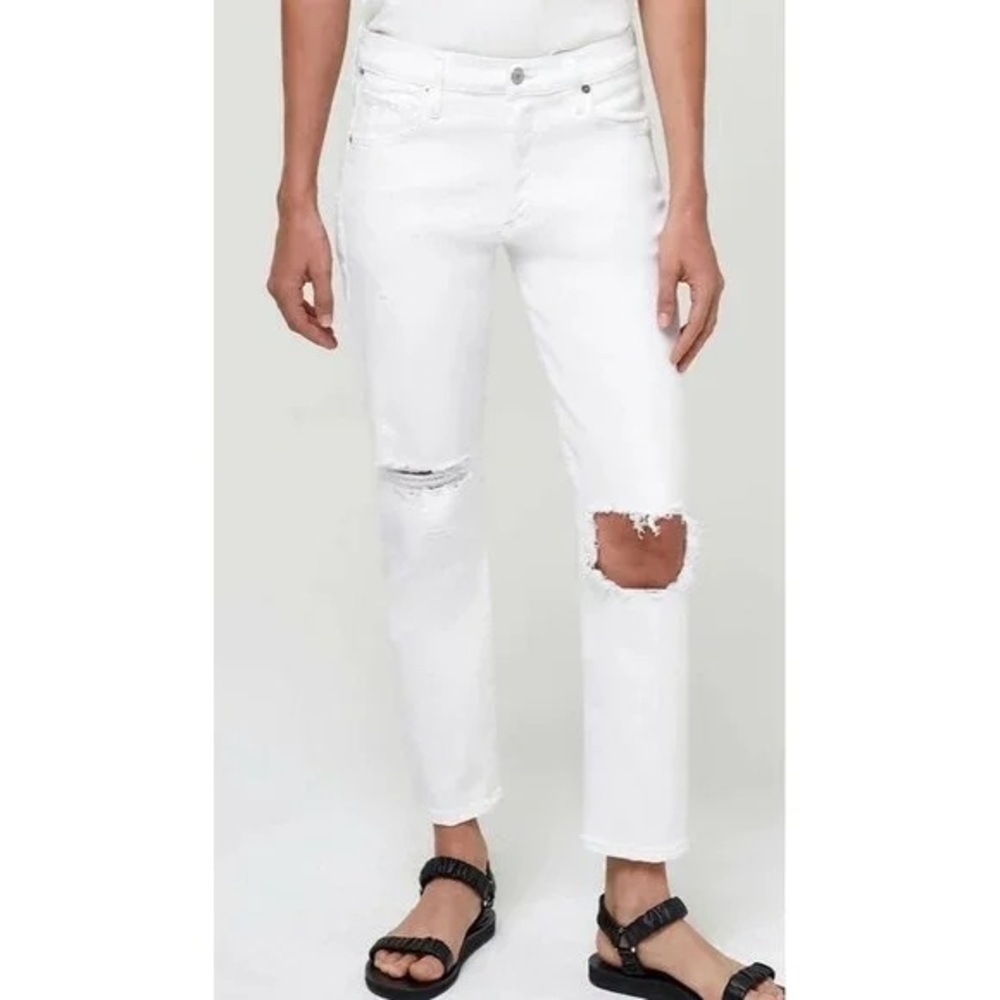 Citizens of Humanity | White Distressed Slim Straight Denim Jeans, Size 31/12โ